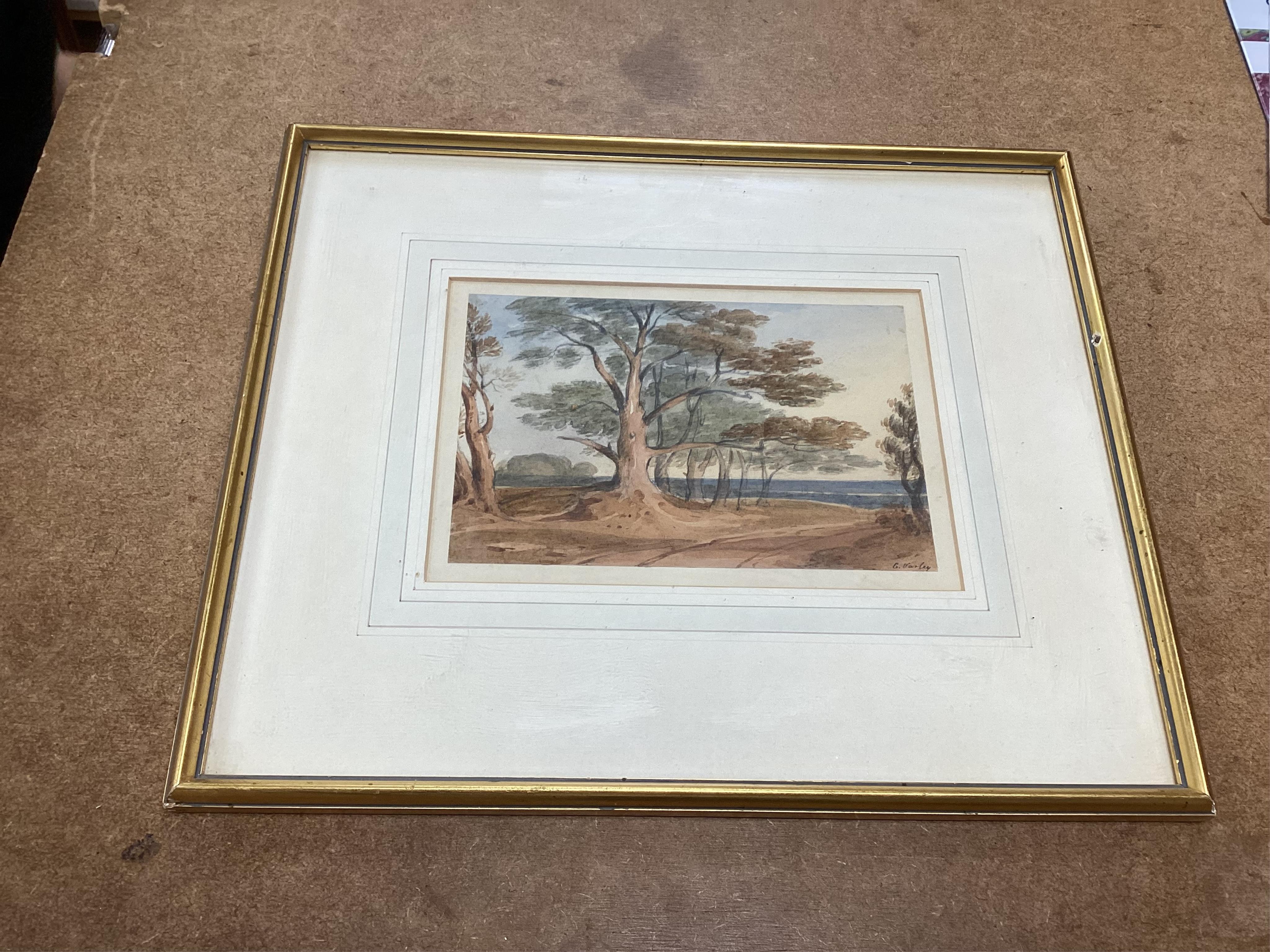 John Varley (1778-1842), watercolour, ‘Sunset’, signed in ink, together with another watercolour, signed G. Varley, 13 x 19cm